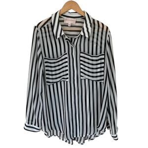 Philosophy Black and White Striped Sheer Button Up Shirt - Large
